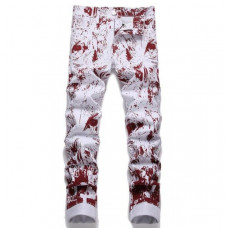 Mens White Cotton Denim Jeans Red Printed Punk Hip Hop Pants Trousers Breathable